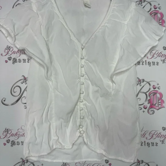 H&M blouse white cream button down style linen type shirt top cute cottagecore - Picture 4 of 7